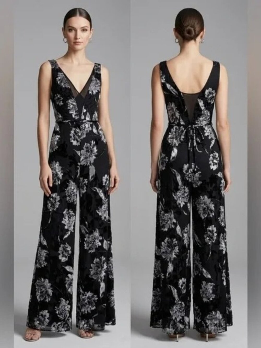 WHBM White House Black Market Avery Floral Black Burnout Jumpsuit 6 - Picture 3 of 11